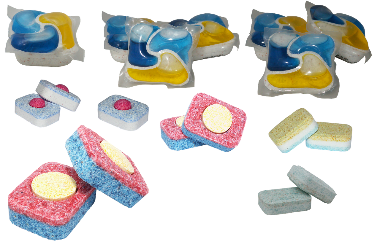 tablets for dishwashing machine, capsules for the dishwasher, chemistry, red, yellow, blue, chemistry homework
