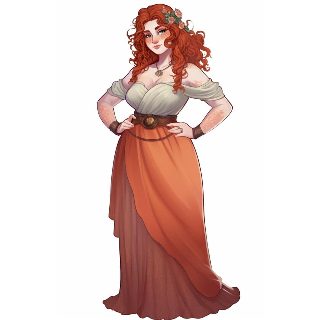 villager, rpg, character, girl, overweight, chubby, obese, fat, curvy, peasant, fighter, game, female, book, story, isolated, dress, bride, woman, ai generated